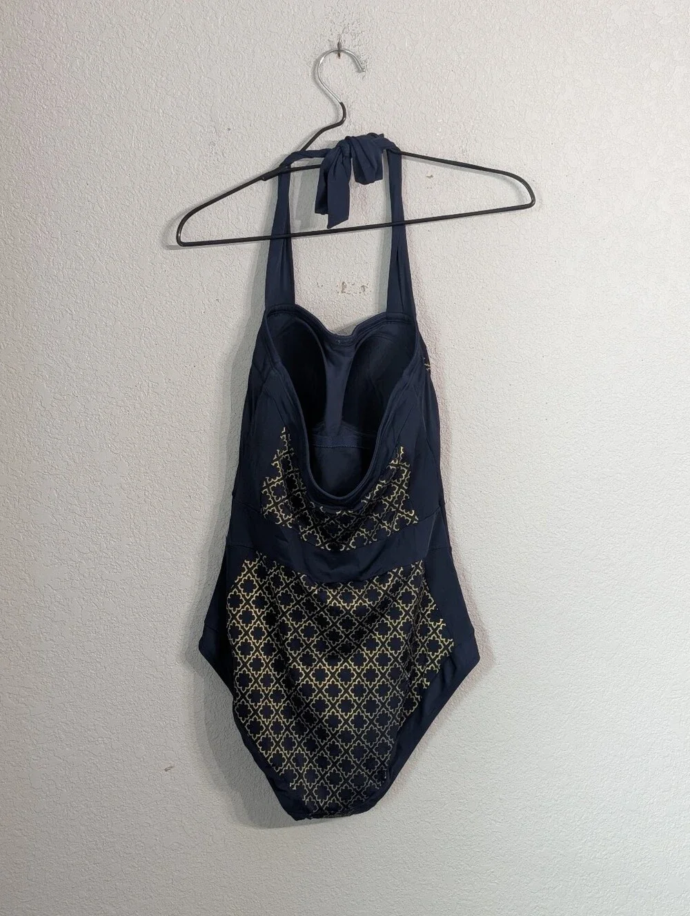Boden Santorini Halterneck Swimsuit Size 10R One Piece Navy Golden Geo Pattern